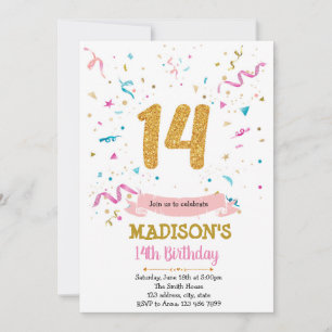 Confetti glitter 14th birthday invitation