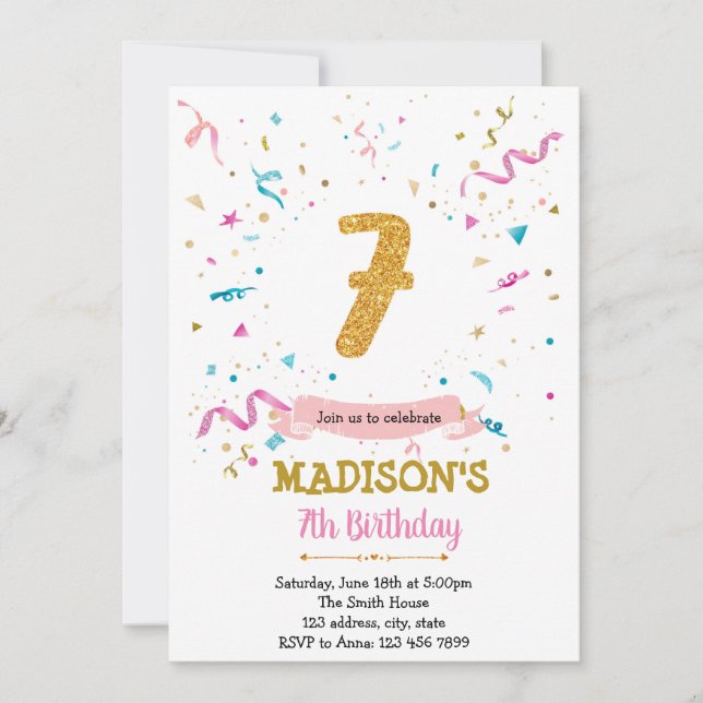 Confetti glitter 7th birthday  invitation (Front)