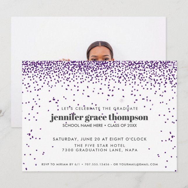 Confetti Glitter Purple White Photo Grad Party Invitation (Front/Back)