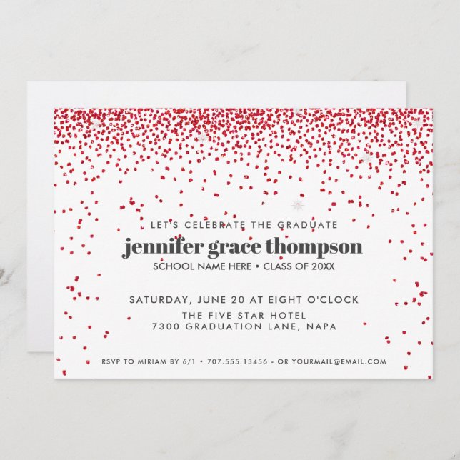 Confetti Glitter Red White Photo Graduation Party Invitation (Front/Back)