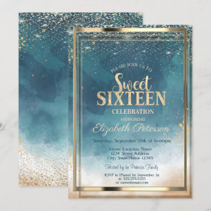 Confetti Gold Frame Watercolor Splash Sweet 16 Invitation