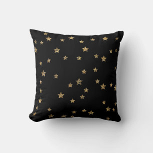 Confetti golden stars glitter shine elegant black cushion