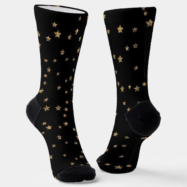 Confetti golden stars glitter shine elegant black socks (Angled)