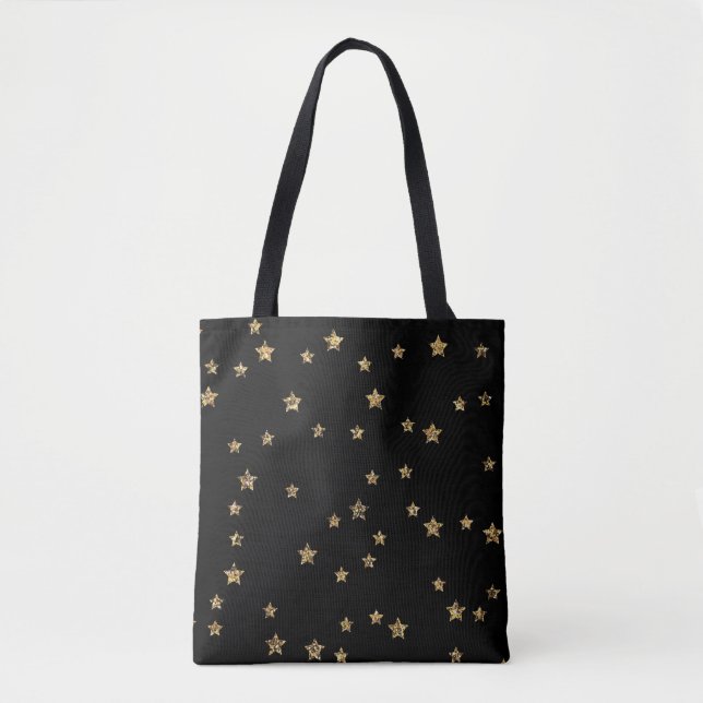 Confetti golden stars glitter shine elegant black tote bag (Front)