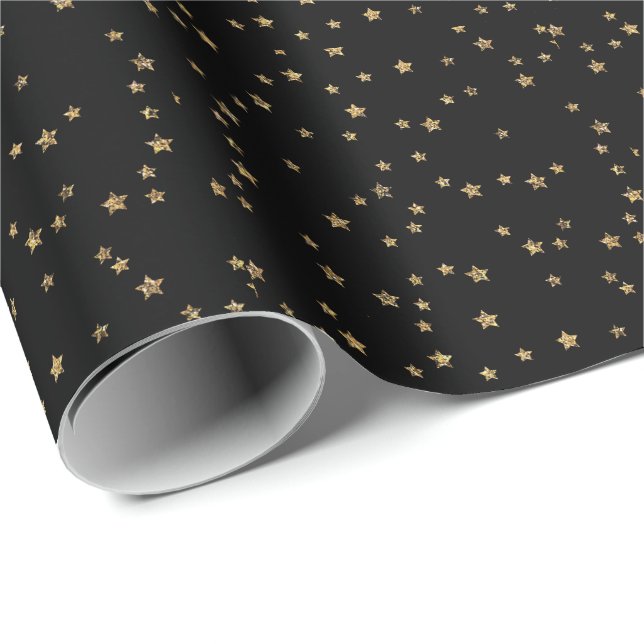 Confetti golden stars glitter shine elegant black  wrapping paper (Roll Corner)
