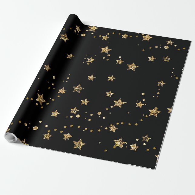 Confetti golden stars glitter shine elegant black wrapping paper (Unrolled)