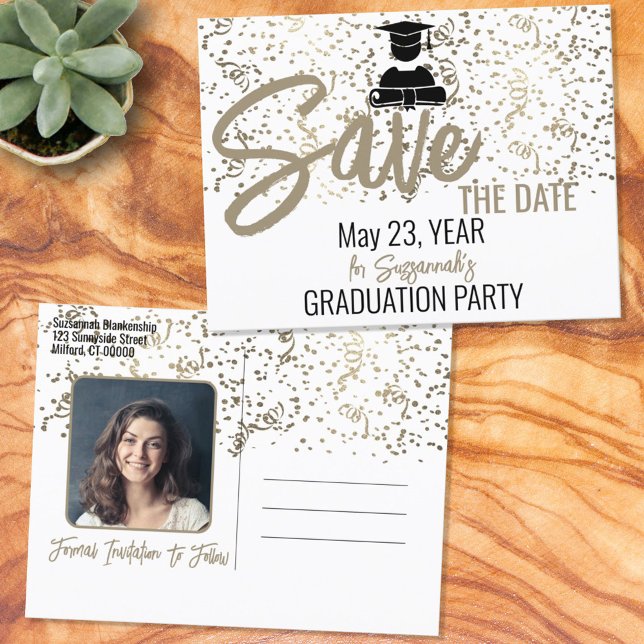 Confetti Graduation Custom Photo Save The Date Announcement Postcard (Creator Uploaded)