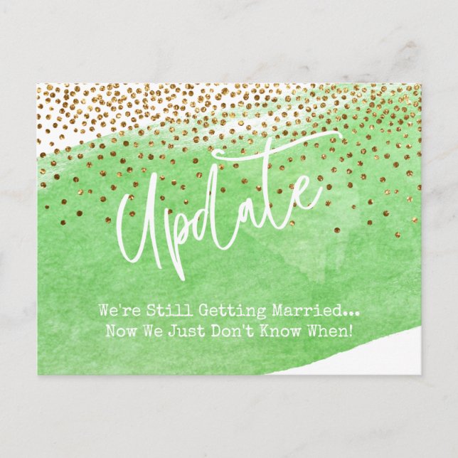 Confetti & Green Brush Postponed Wedding Update Postcard (Front)