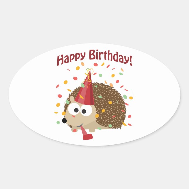 Confetti Happy Birthday Hedgehog Oval Sticker (Front)