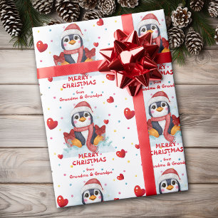 Confetti Heart Penguin Grandkids Christmas Wrapping Paper