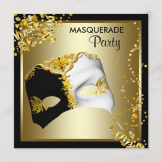 Confetti Mask Black Gold Masquerade Party Invitation