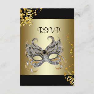 Confetti Mask Black Gold Masquerade Party RSVP Card