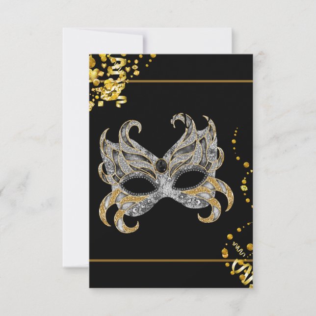 Confetti Mask Black Gold Masquerade Party RSVP Card (Front)