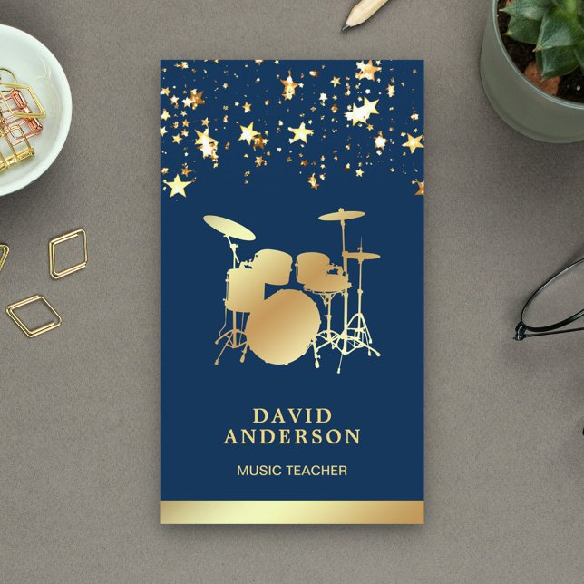 Confetti Music Teacher Gold Drum Kit Drummer Business Card (Creator Uploaded)