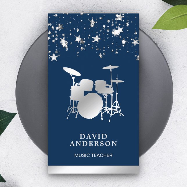Confetti Music Teacher Silver Drum Kit Drummer Business Card (Creator Uploaded)