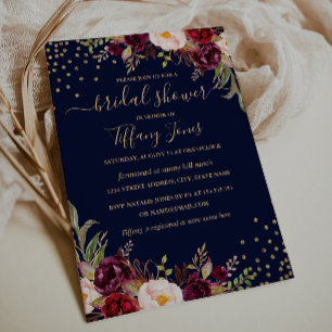 Confetti Navy Burgundy Gold Floral Bridal Shower Invitation