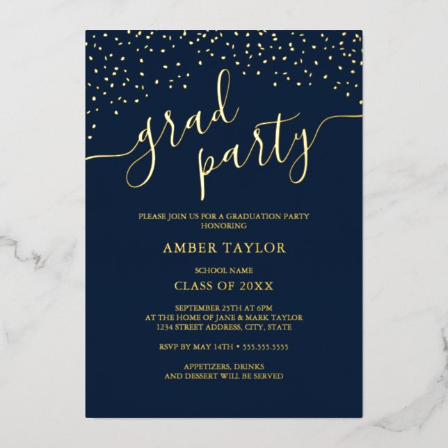 Confetti Navy Gold Photo Graduation Party (Front)