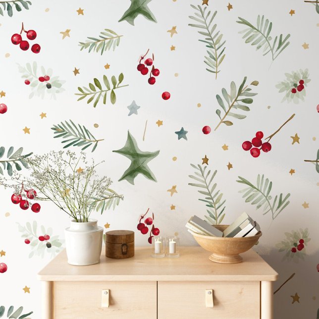 Confetti Of Stars Berries Green Branches Christmas Wallpaper (Creator Uploaded)