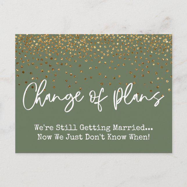 Confetti Olive Change of Plan Postponed Wedding Postcard (Front)