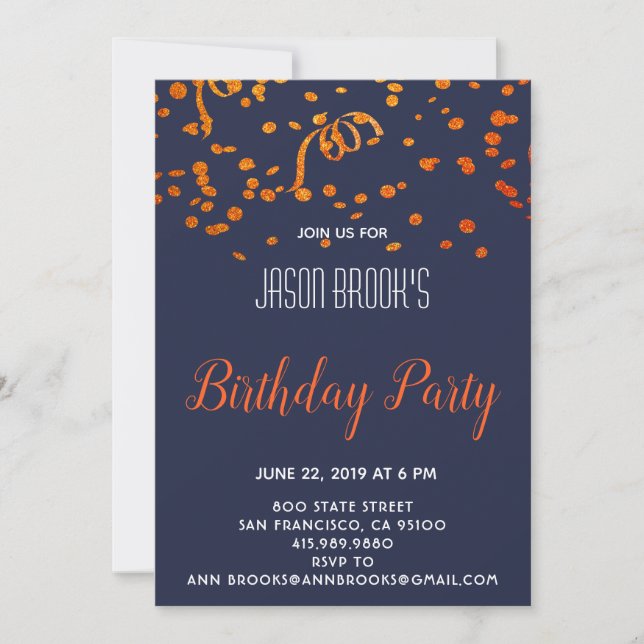 Confetti On Blue Black Birthday Party Invitation (Front)