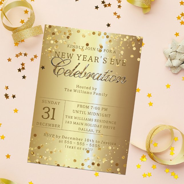 Confetti on Gold Metallic New Year's Eve Party Invitation (Creator Uploaded)