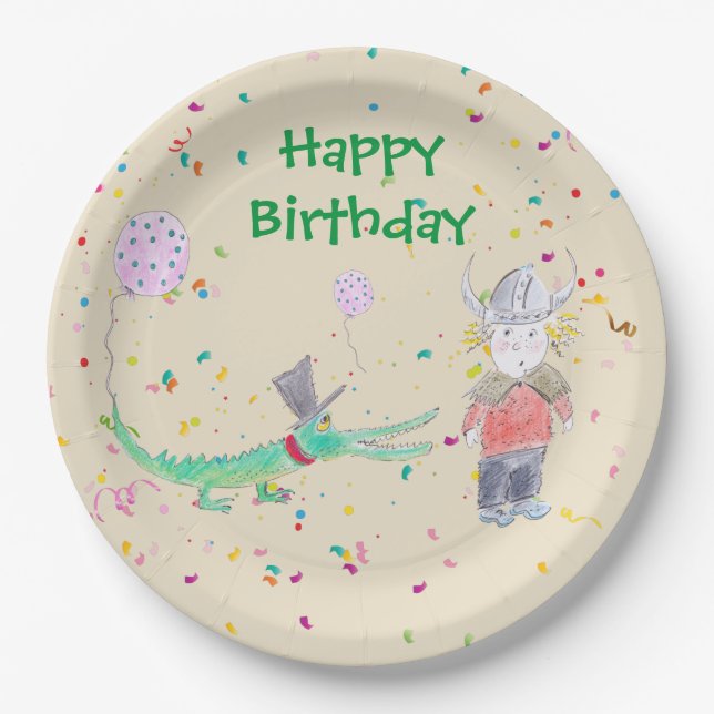 Confetti Party crocodile green beige Paper Plate (Front)