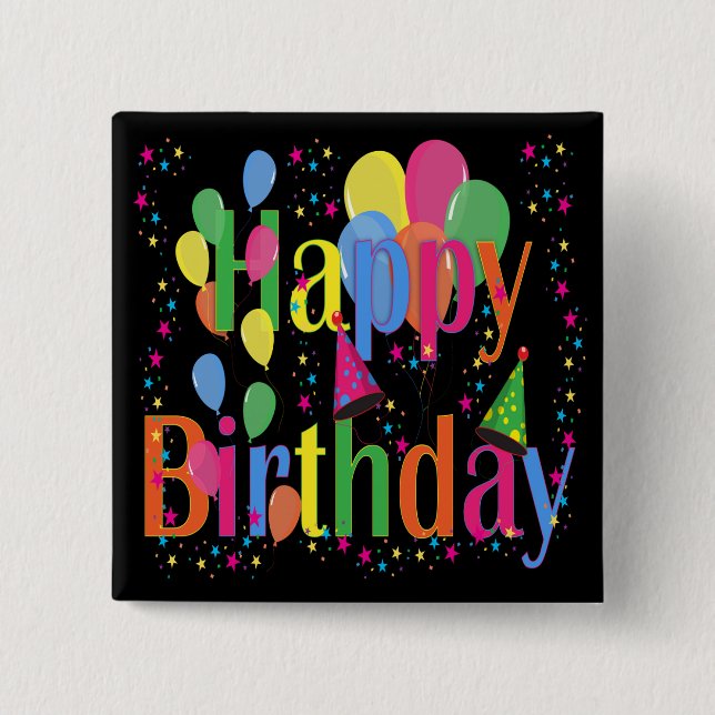 Confetti, Party Hats and Balloons Black Background 15 Cm Square Badge (Front)