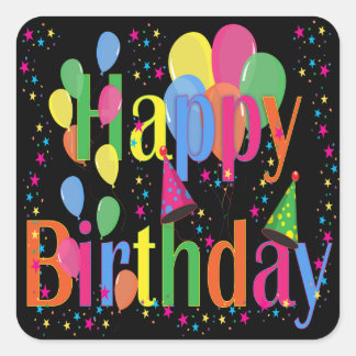Confetti, Party Hats and Balloons Black Background Square Sticker