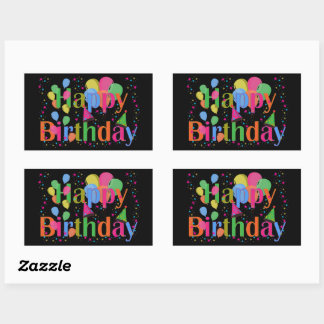 Confetti, Party Hats & Balloons Birthday Black Rectangular Sticker