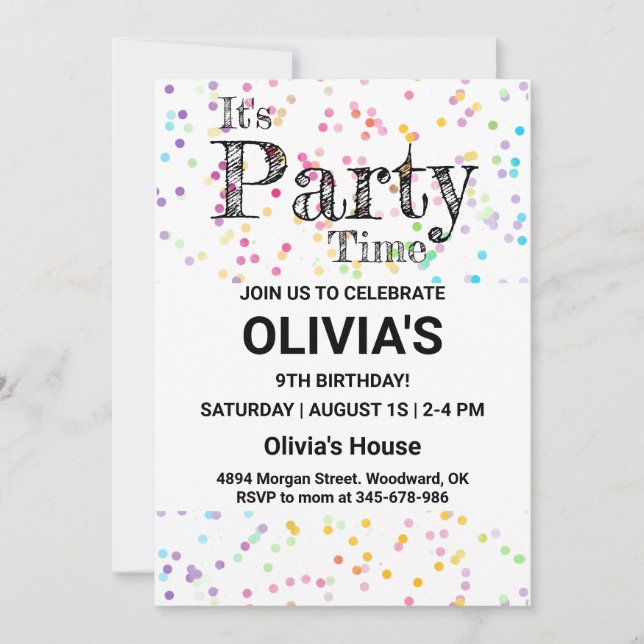 Confetti Party Invite, It's Party Time, Colourful  Invitation (Front)