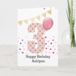Confetti Pink Polka Dot 3rd Birthday Card<br><div class="desc">A colourful pink 3rd birthday girl card, which you can personalise with her name. The front of this colourful 3rd birthday card for her features the number three in a pink polka dot with a pink balloon ready to float away.The background has some colourful confetti and a soft gold bunting...</div>