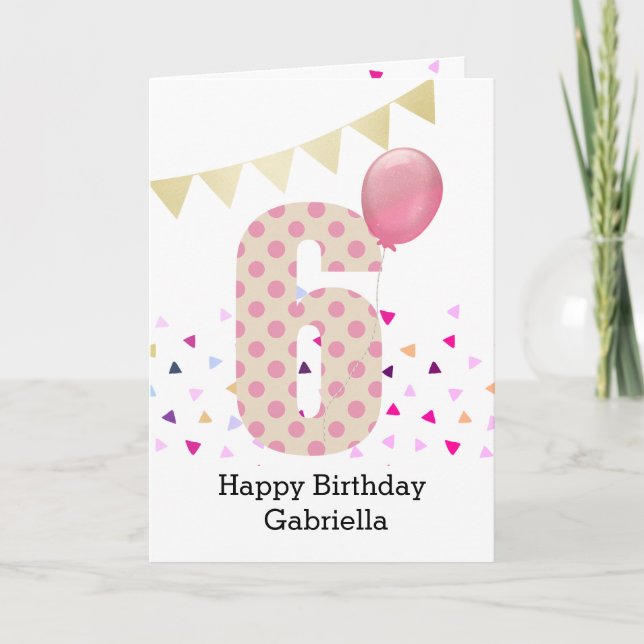 Confetti Pink Polka Dot 6th Birthday Card (Front)
