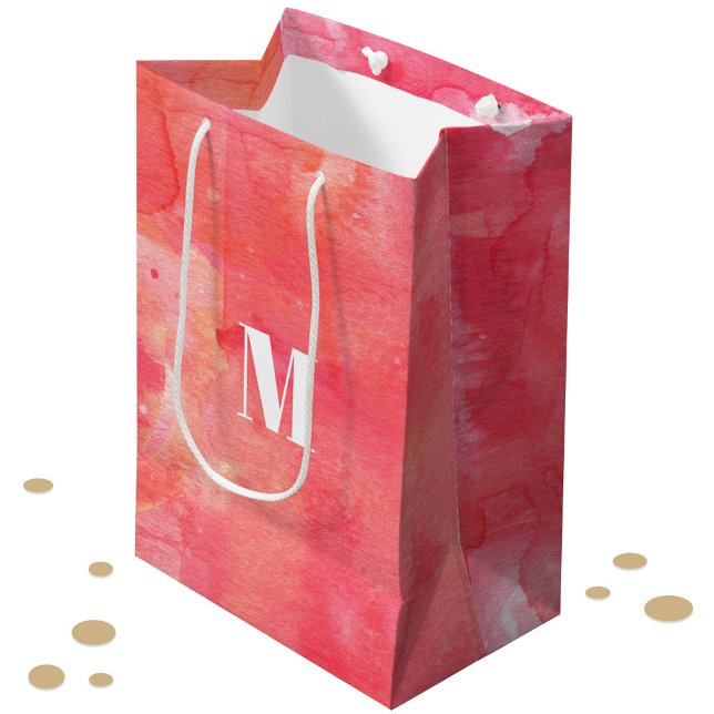 Confetti Pink Watercolor Abstract Painted Monogram Medium Gift Bag (Modern watercolor pink artistic gift bag with personalized monogram initial)