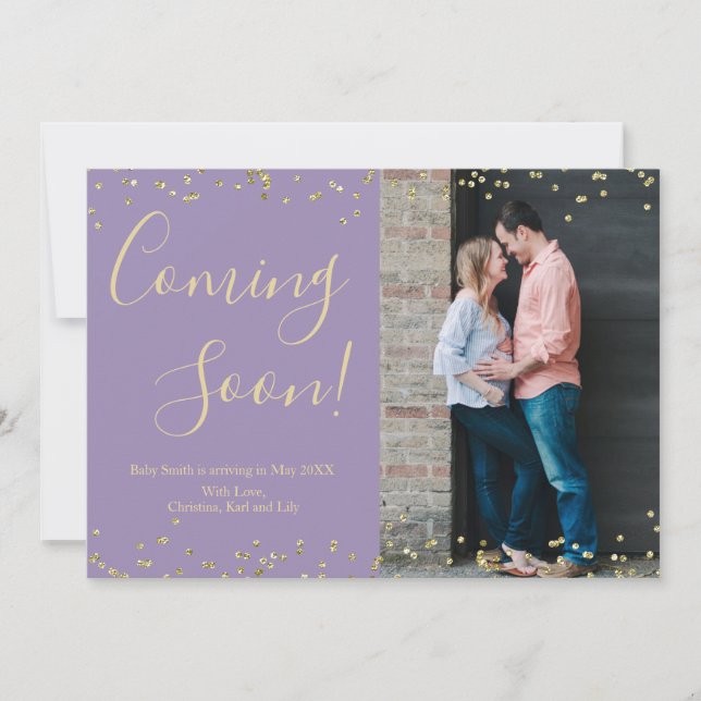 Confetti Pregnancy Announcement Card on Purple (Front)