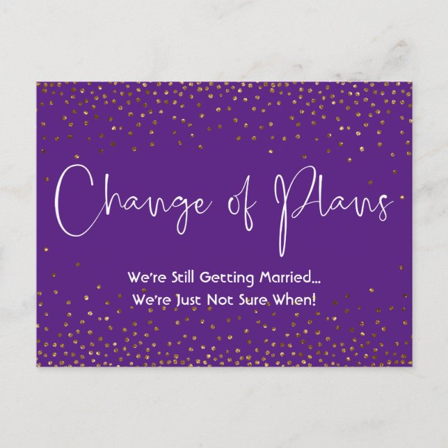 Confetti Purple Change of Plans Postponed Wedding Postcard (Front)