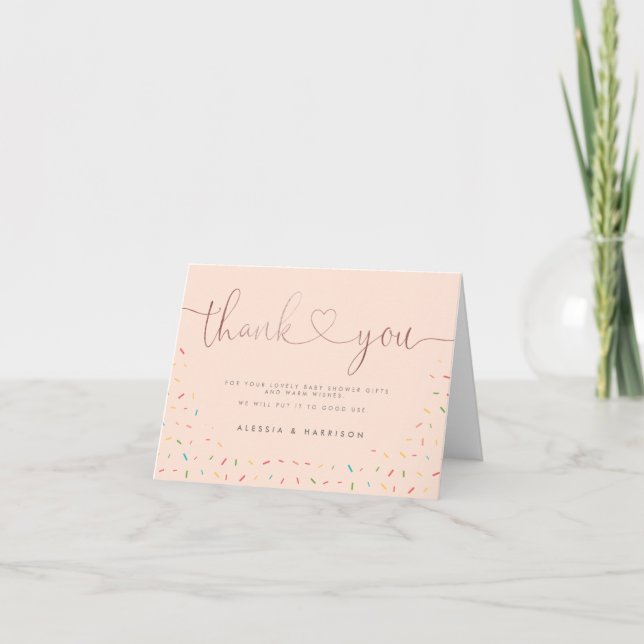 Confetti Rose Gold Calligraphy Girl Baby Shower Thank You Card (Front)
