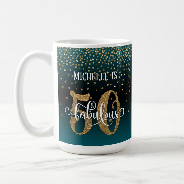 Confetti & Script 50 & Fabulous, Teal Black Ombre Coffee Mug (Left)