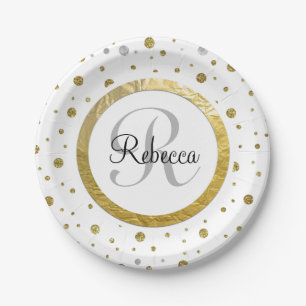 Confetti Silver/Gold Monogram Paper Plate