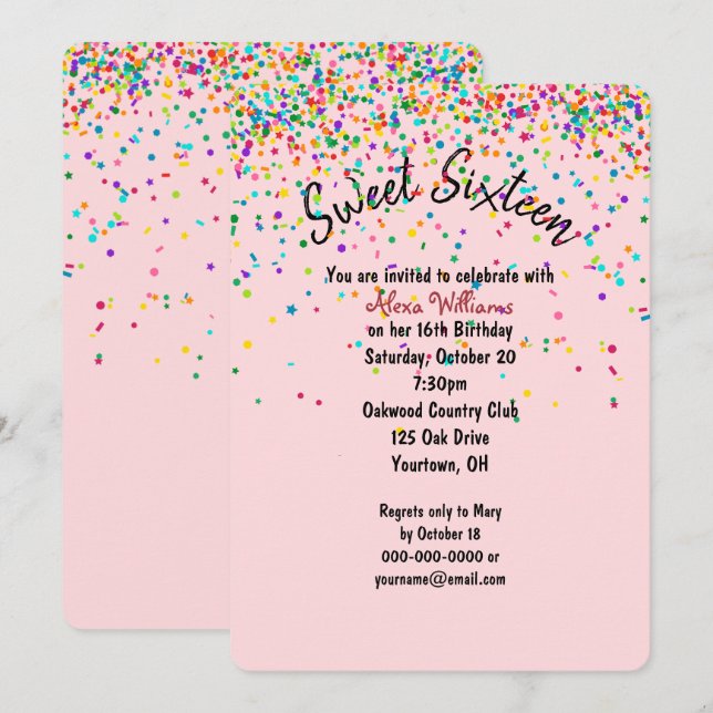 confetti Sweet 16 Birthday Party Invitation (Front/Back)