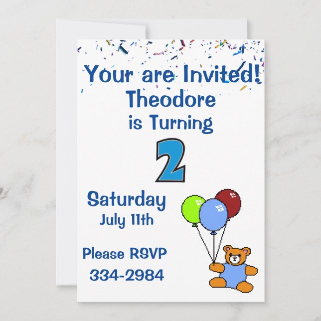 Confetti, Teddy Bear, Balloons Boys 2nd  Birthday Invitation (Front)