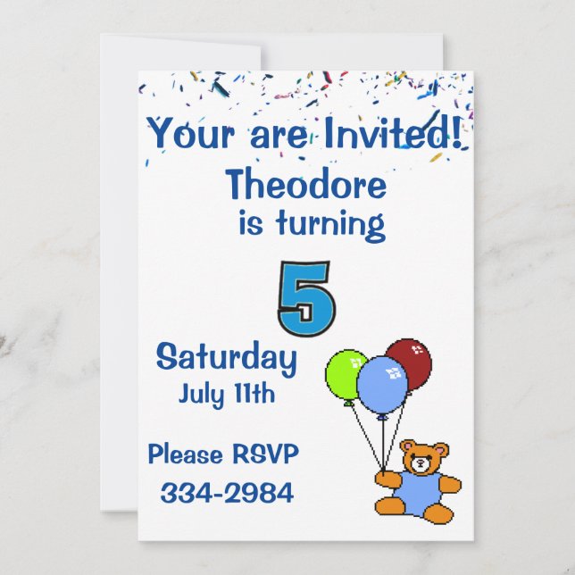 Confetti, Teddy Bear, Balloons Boys 5th  Birthday Invitation (Front)