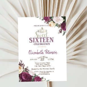 Confetti Tiara Burgundy Flowers Sweet 16 Party Invitation