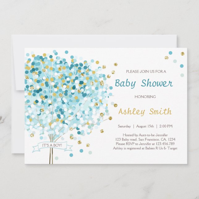 Confetti Tree Baby Shower Invitation Boy Blue Gold (Front)