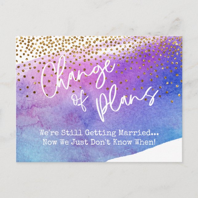 Confetti & Watercolor Postponed Wedding Change Postcard (Front)