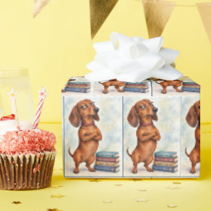 Confident Dachshund with Fun Books Wrapping Paper