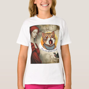 Confident Red-Tied Lady and Defiant Cat Head T-Shirt