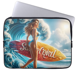 Confident Surfer Girl Walking Beach Waves Art Laptop Sleeve