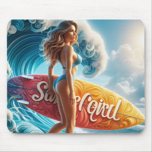 Confident Surfer Girl Walking Beach Waves Art Mouse Pad