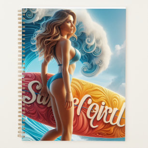 Confident Surfer Girl Walking Beach Waves Art Planner