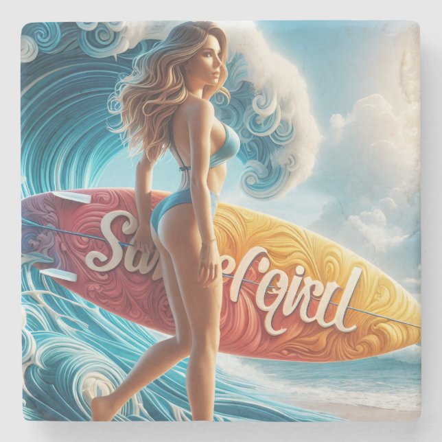 Confident Surfer Girl Walking Beach Waves Art Stone Coaster (Front)